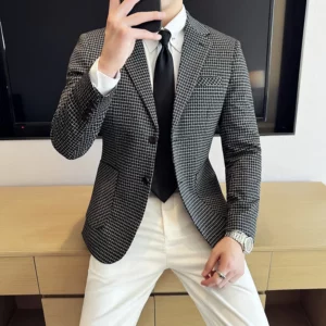 Autumn Winter Simple Plaid Suit Jacket Men Slim Casual Business Men Blazers Fashion Wedding Groom Banquet Social Dress Jackets - Image 4