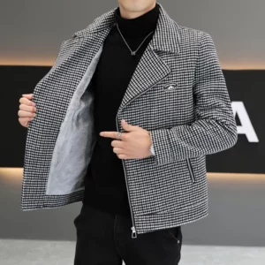 Brand Winter Wool Jacket for Men Fashion Zipper Motorcycle Coat Plaid Casual Business Trench Coat Social Streetwear Overcoat - Image 3