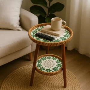 Double-Layer Rattan Coffee Table with Wood Legs, Artistic Mosaic Top, Rustic Boho Decor Table for Indoors and Outdoors - Image 3