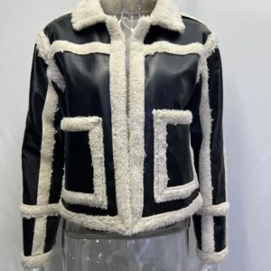 Autumn Winter Retro Fashion Fleece Splicing Women's Short Jacket Imitation Shearling Sheepskin Ladies Motorcycle Jacket Coat - Image 6