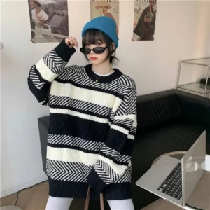 Striped Sweaters Women Loose Slouchy Casual Pullovers All-match Autumn Winter Keep Warm Knitwear Vintage Temper Tender Daily Ins - Image 3