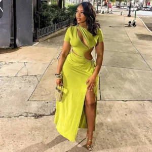 Sexy Hollow Out Ruched Split Bodycon Maxi Dress Women Short Sleeve O-neck Holiday Vacation Nitht Club Party Long Dresses Vestido - Image 2