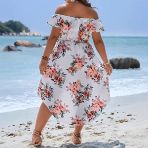Summer Women's New Plus Size Women's Dress 2025 Sweet and Elegant Off-shoulder Beach Vacation Versatile Large Size Women's Dress - Image 2