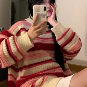 Top Long-Sleeved Round Neck Autumn Fashion Korean Version Lazy Style Casual Retro Simple Loose All-Match Striped Printed - Image 3