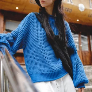 MADEN Women Cornflower Blue Knitted Sweater 2024 New Autumn Winter Long Sleeve Curled Collar Knitwear Warm Pullover Sweater - Image 4