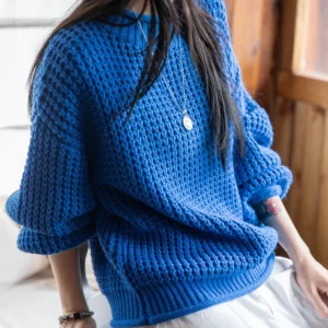 MADEN Women Cornflower Blue Knitted Sweater 2024 New Autumn Winter Long Sleeve Curled Collar Knitwear Warm Pullover Sweater - Image 1