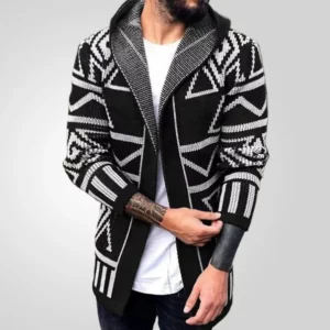 Men Cardigan Open Stitch Sweaters Mid Length Coat Hooded Full Sleeve Splice Knit Casual Regular Coats Autumn Winter 2024 - Image 1