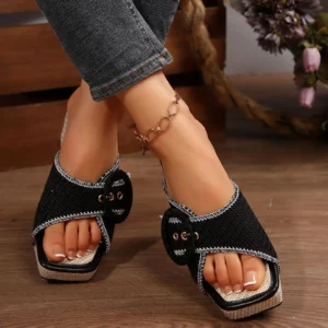 Women'S Thick Heel Metal Buckle Slippers With Straight Strap Beach Sandals Western Cowboy Style Chunky Heel Platform Slippers - Image 2