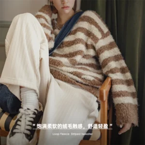 Maden Oversize Striped Sweater for Women Autumn and Winter Loop Fleece Pullover Knitwear Warm Top Loose-fit Thick Sweater - Image 5