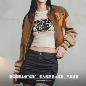 Maden Vintage Collegiate Baseball Jacket with Letter Embroidery Woolen Thicker Short Versatile Coat for Women's Fall and Winter - Image 3