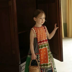Summer Children's Fashionable Round Neck Sleeveless Geometric Multi-color Dress Comfortable Casual Dress Women's Dress - Image 3