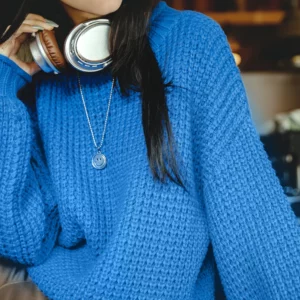 MADEN Women Cornflower Blue Knitted Sweater 2024 New Autumn Winter Long Sleeve Curled Collar Knitwear Warm Pullover Sweater - Image 5