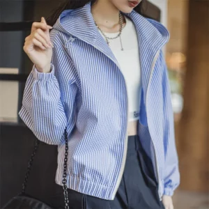 Maden Casual Blue White Striped Hooded Shirt Women's Spring Seersucker Vacation Style Blouse Lightweight Layering Beach Shirts - Image 1