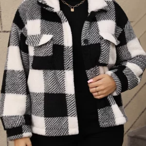 GIBSIE Plus Size Plaid Single-breasted Lapel Jacket Women 2024 Autumn Winter Retro Thicken Plush Female Casual Short Outerwear - Image 1