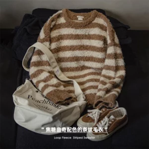 Maden Oversize Striped Sweater for Women Autumn and Winter Loop Fleece Pullover Knitwear Warm Top Loose-fit Thick Sweater - Image 2