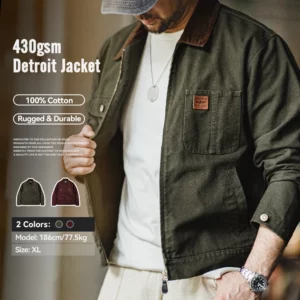 Maden Retro Heavyweight Canvas Detroit Jacket Corduroy Collar Hunting Short Zip-Up Jacket with Pockets Men's Autumn Outerwear - Image 1
