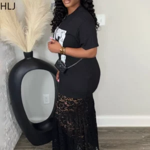 HLJ Sexy Letter Printing Bodycon Tshirt Long Dress Women See Through Short Sleeve Lace Patchwork Dresses Female Vestidos New - Image 4
