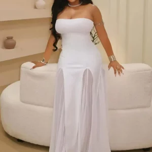 Weird Puss Elegant Strapless Dress Women Solid Y2K Patchwork Mesh Hem Birthday Party Evening Banquet Sexy Vacation Chic Bodycon - Image 3