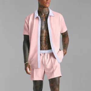 Summer Men's casual suit patchwork transparent lapel short-sleeved shirt & Shorts Stylish and comfortable two-piece streetwear - Image 1