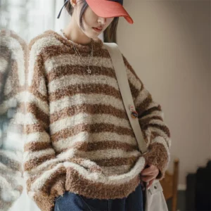 Maden Oversize Striped Sweater for Women Autumn and Winter Loop Fleece Pullover Knitwear Warm Top Loose-fit Thick Sweater - Image 1