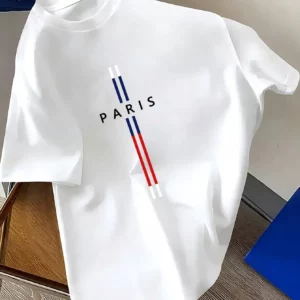 Summer Men 100% cotton fashion casual loose fit plus size Paris letter print round neck short sleeve T-shirt top - Image 1