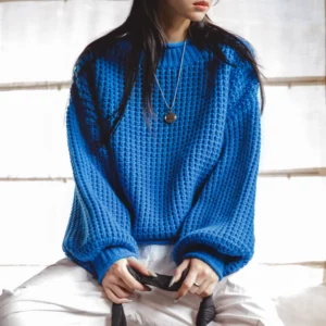 MADEN Women Cornflower Blue Knitted Sweater 2024 New Autumn Winter Long Sleeve Curled Collar Knitwear Warm Pullover Sweater - Image 2
