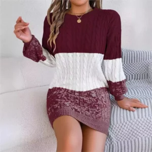 Women's Knitted Sweater Dress New Color Blocked Autumn And Winter Elegant Square Collar Button Long Sleeve Sweater Bag Hip Skirt - Image 5