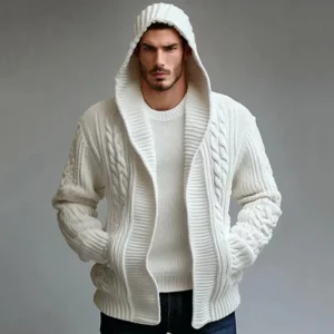 Men Cardigan Sweaters Hooded Coat Full Sleeve Solid Coats Casual Loose Outerwear Splice Open Stitch Autumn Winter 2024 - Image 3