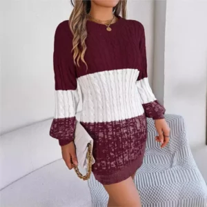 Women's Knitted Sweater Dress New Color Blocked Autumn And Winter Elegant Square Collar Button Long Sleeve Sweater Bag Hip Skirt - Image 6