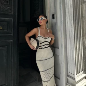 Summer Knit Bohemian Halter Dress Hollow Striped Out Pure Slim-fit Buttock Wrap Maxi Summer Sexy Vneck Dress O-Neck Vestidos - Image 3