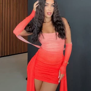 kliou Mesh Simple Women Mini Dress Fashion Solid Strapless Ribbons Tassel Body-shaping Vestidos+Seperately Full Sleeve Gloves - Image 5