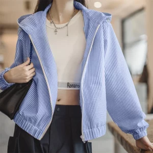 Maden Casual Blue White Striped Hooded Shirt Women's Spring Seersucker Vacation Style Blouse Lightweight Layering Beach Shirts - Image 2