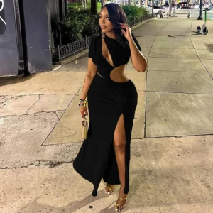 Sexy Hollow Out Ruched Split Bodycon Maxi Dress Women Short Sleeve O-neck Holiday Vacation Nitht Club Party Long Dresses Vestido - Image 4