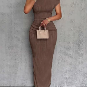 Fashion Water Ripple Slanted Shoulder Dress Women's Elegant And Simple Solid Color A-line Collar Mid-waist Sexy Hip Wrap Skirt - Image 4