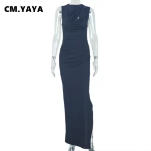 CM.YAYA Women Sleeveless Cutout Front Pile High Side Split Maxi Long Slim Dress Summer Club Sexy Night Party Dresses Vestidos - Image 5