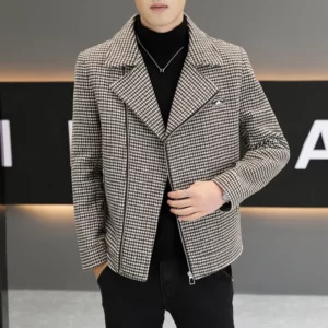 Brand Winter Wool Jacket for Men Fashion Zipper Motorcycle Coat Plaid Casual Business Trench Coat Social Streetwear Overcoat - Image 2