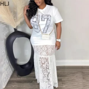 HLJ Sexy Letter Printing Bodycon Tshirt Long Dress Women See Through Short Sleeve Lace Patchwork Dresses Female Vestidos New - Image 2