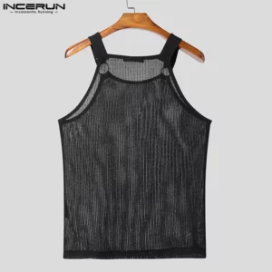 Men Tank Tops Mesh Hollow Out O-neck Sleeveless Male Vests Streetwear Summer Solid Sexy 2025 Fashion Men Clothing S-3XL INCERUN - Image 3