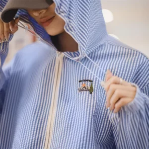 Maden Casual Blue White Striped Hooded Shirt Women's Spring Seersucker Vacation Style Blouse Lightweight Layering Beach Shirts - Image 4
