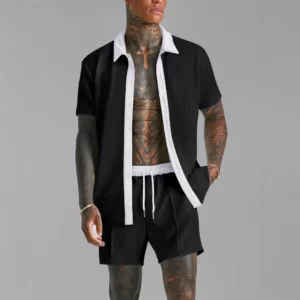 Summer Men's casual suit patchwork transparent lapel short-sleeved shirt & Shorts Stylish and comfortable two-piece streetwear - Image 6