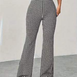 Elastic high waisted herringbone printed flared pants, fashionable casual pants, comfortable micro flared pants - Image 4