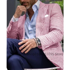 Pink Houndstooth Suit Jacket Woolen Suit Blazer Business Top Single Breasted Slim Fit Plaid Suit Jacket Wedding Warm Suits Coat - Image 2