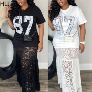 HLJ Sexy Letter Printing Bodycon Tshirt Long Dress Women See Through Short Sleeve Lace Patchwork Dresses Female Vestidos New - Image 1