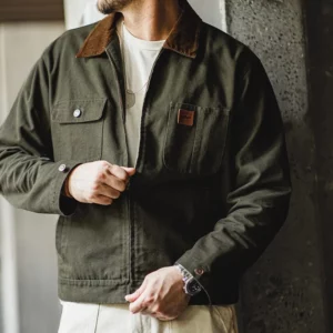 Maden Retro Heavyweight Canvas Detroit Jacket Corduroy Collar Hunting Short Zip-Up Jacket with Pockets Men's Autumn Outerwear - Image 2