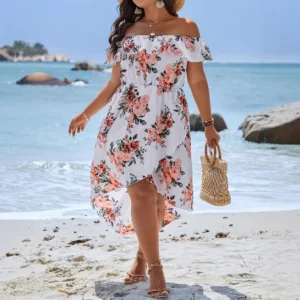 Summer Women's New Plus Size Women's Dress 2025 Sweet and Elegant Off-shoulder Beach Vacation Versatile Large Size Women's Dress - Image 4
