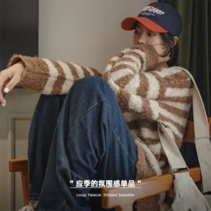 Maden Oversize Striped Sweater for Women Autumn and Winter Loop Fleece Pullover Knitwear Warm Top Loose-fit Thick Sweater - Image 6