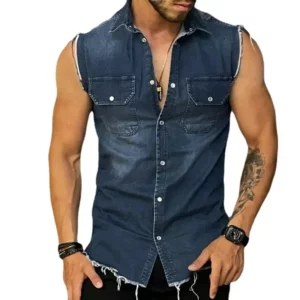 2024 Spring/Summer New Men's Denim T-shirt With Lapel, Sleeveless Cardigan, Single Breasted Top Pocket, Blue Distressed, Washed, - Image 5