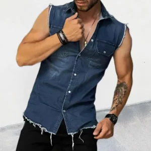 2024 Spring/Summer New Men's Denim T-shirt With Lapel, Sleeveless Cardigan, Single Breasted Top Pocket, Blue Distressed, Washed, - Image 2