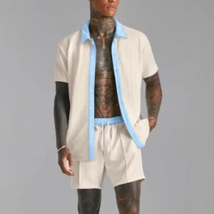 Summer Men's casual suit patchwork transparent lapel short-sleeved shirt & Shorts Stylish and comfortable two-piece streetwear - Image 5