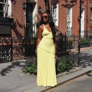 Solid Color V-Neck Knitted Vest Top and High Waisted Straight Pleated Skirt Set for Summer Women, Elegant and Sexy 2-Piece Set - Image 6